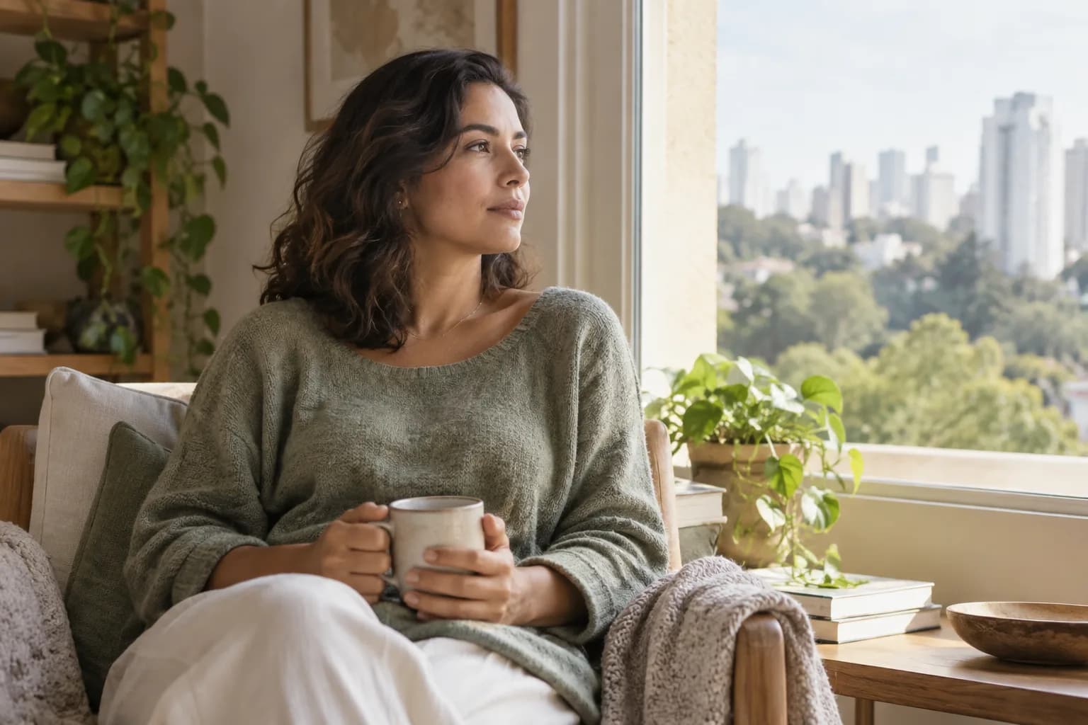 Imagem ilustrativa: mulher em um momento de pausa junto à janela