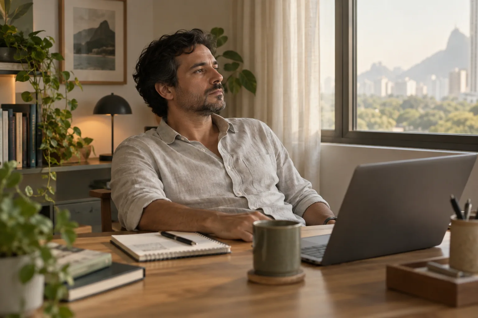 Imagem ilustrativa: homem fazendo uma pausa no trabalho em casa
